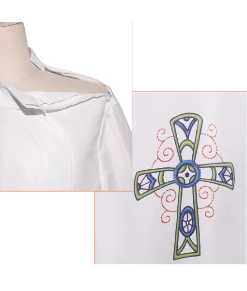 Men Blue Lace Cross Print Baptism Choir White Robe Halloween Cosplay Costume