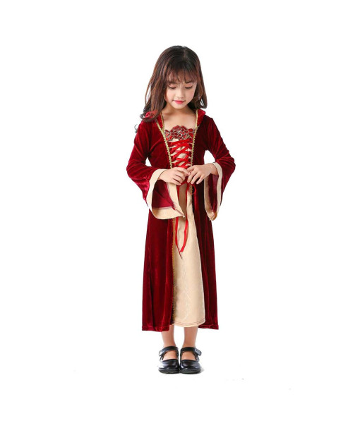 Kids Children Medieval Retro Court Royal Red Dress Halloween Cosplay Costume