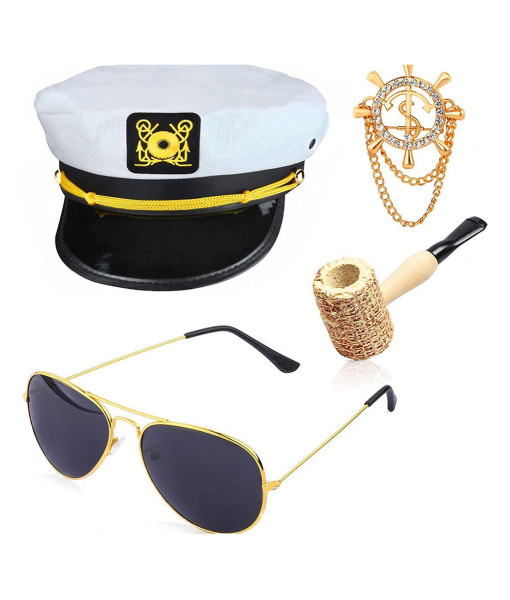 Yacht Captain Hat Necklace Pipe Sunglasses Halloween Cosplay Costume Accessories