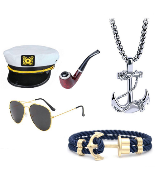 Yacht Captain Hat Necklace Pipe Sunglasses Halloween Cosplay Costume Accessories