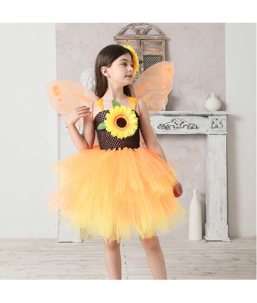 Kids Children Yellow Sunflower Tutu Skirt Dress Halloween Cosplay Costume