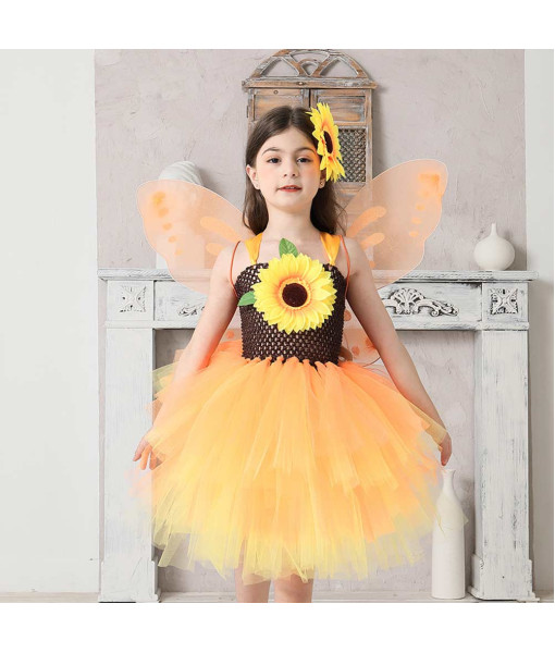 Kids Children Yellow Sunflower Tutu Skirt Dress Halloween Cosplay Costume