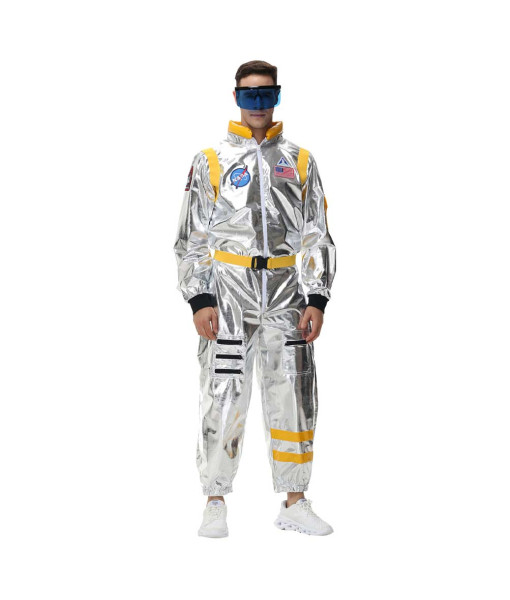 Men Wihte Color Strip Astronaut Jumpsuit Halloween Performance Stage Cosplay Costume