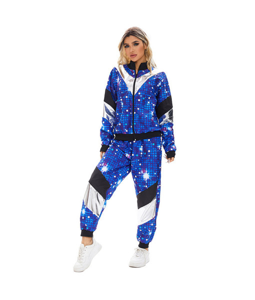 Adult Blue 80s Retro Hip Hop Disco Tracksuit Halloween Cosplay Costume