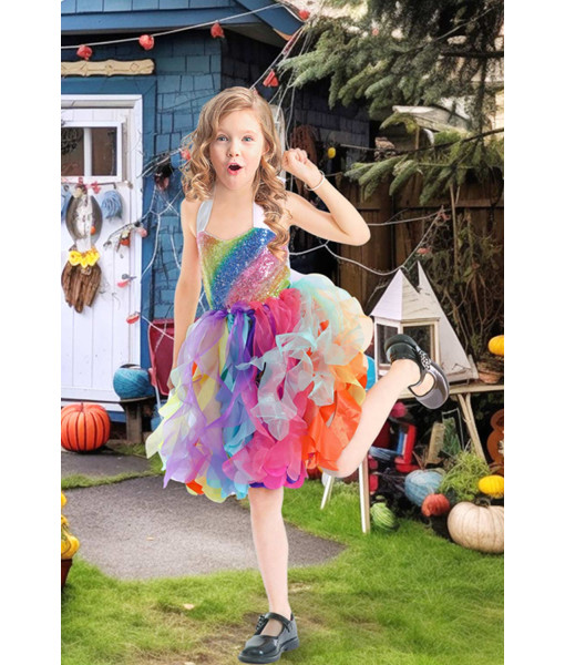 Clown Girl Rainbow Spiral Wicker Tutu Skirt Kids Halloween Costume