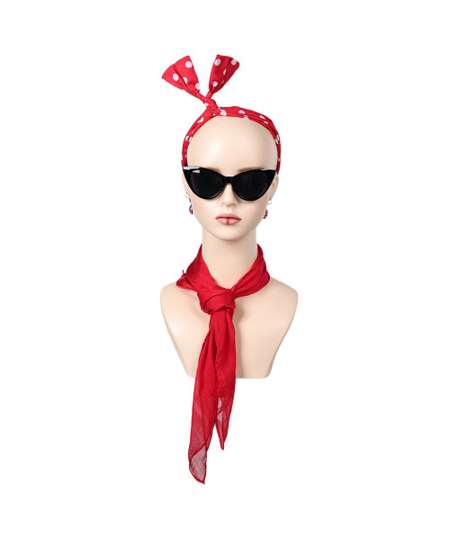Women 50s Red Scarf Glasses Tie Earings Halloween Cosplay Costume Accessories