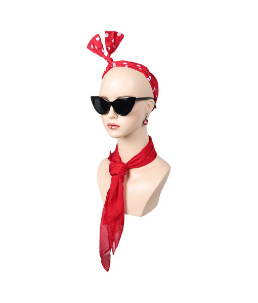 Women 50s Red Scarf Glasses Tie Earings Halloween Cosplay Costume Accessories