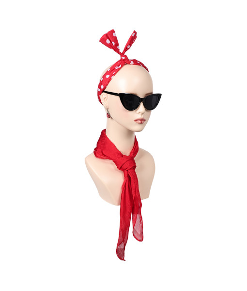 Women 50s Red Scarf Glasses Tie Earings Halloween Cosplay Costume Accessories