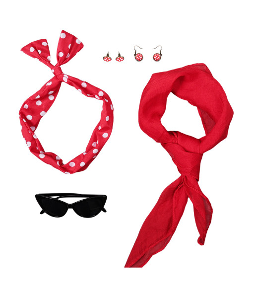 Women 50s Red Scarf Glasses Tie Earings Halloween Cosplay Costume Accessories