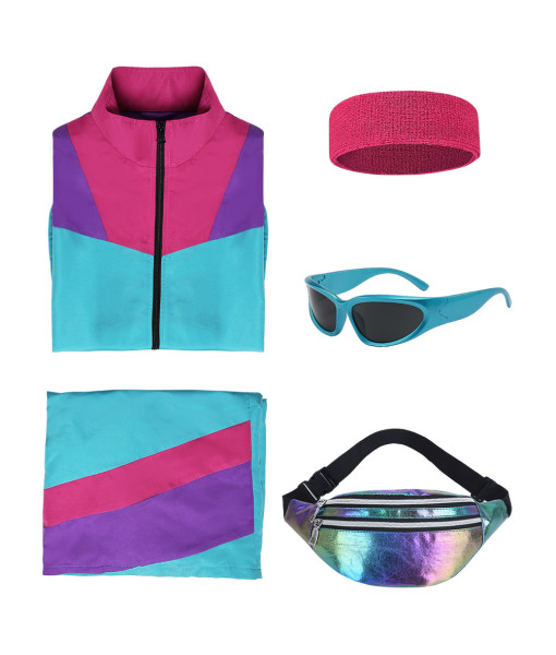 1980s Hip Hop Retro Purple Blue Colorblock Short-Sleeved Suit Halloween Costume