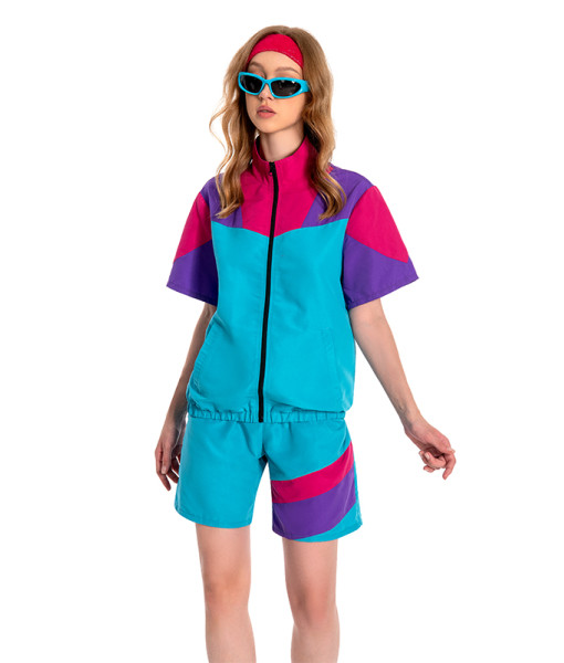 1980s Hip Hop Retro Purple Blue Colorblock Short-Sleeved Suit Halloween Costume