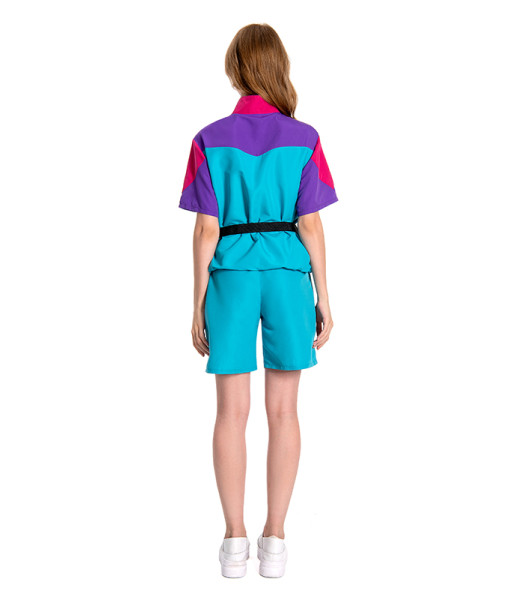 1980s Hip Hop Retro Purple Blue Colorblock Short-Sleeved Suit Halloween Costume