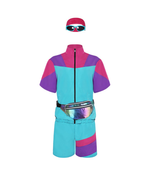 1980s Hip Hop Retro Purple Blue Colorblock Short-Sleeved Suit Halloween Costume