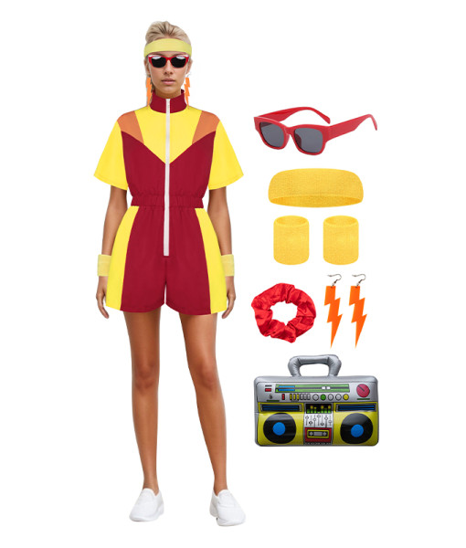 Adult 80s Retro Sports Jumpsuit 7Pcs Set Halloween Party Cosplay Costume