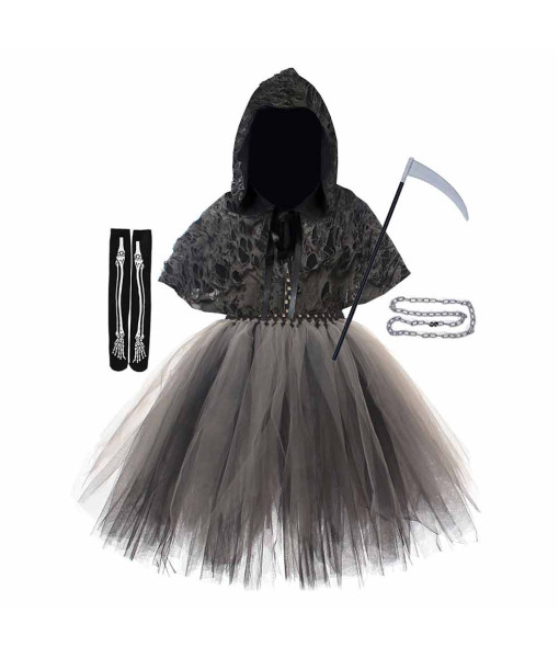 Kids Children Girl Black Tutu Skirt Grim Reaper Halloween Cosplay Costume