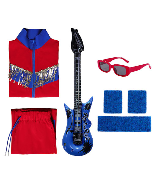 1980s Rockstar Red Blue Sports 6Pcs Suit Halloween Costume