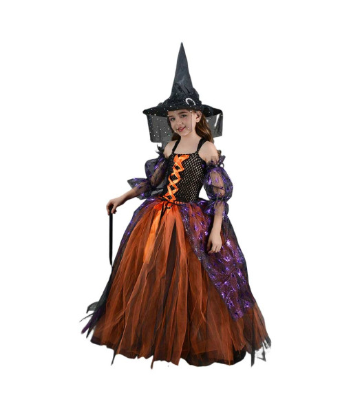 Kids Children Girl Witch Tutu Long Dress Set Halloween Costume