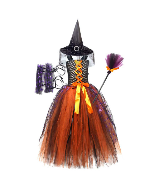 Kids Children Girl Witch Tutu Long Dress Set Halloween Costume