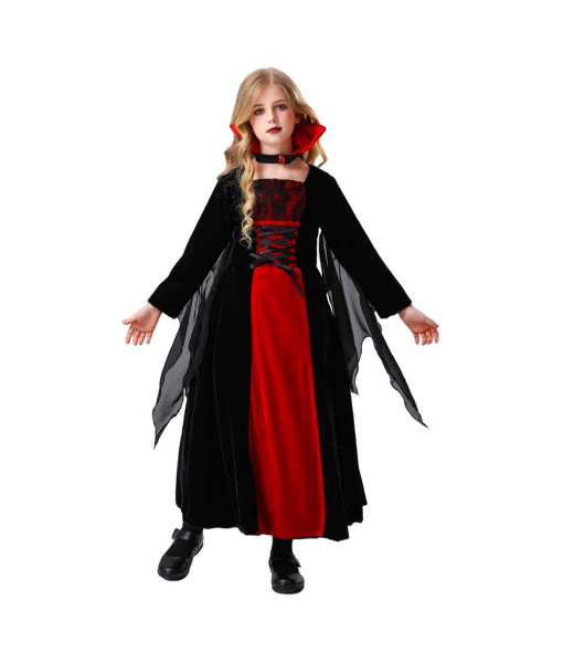Kids Children Dark Red Dress Vampire Fantasy Halloween Costuem