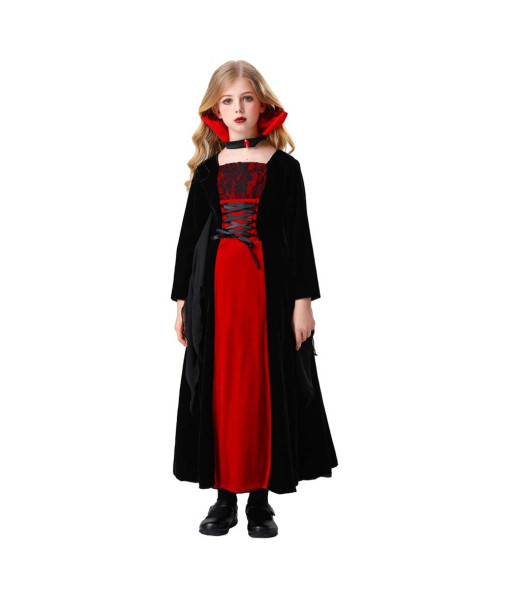 Vampire Lady Dark Red Dress Kids Halloween Costuem