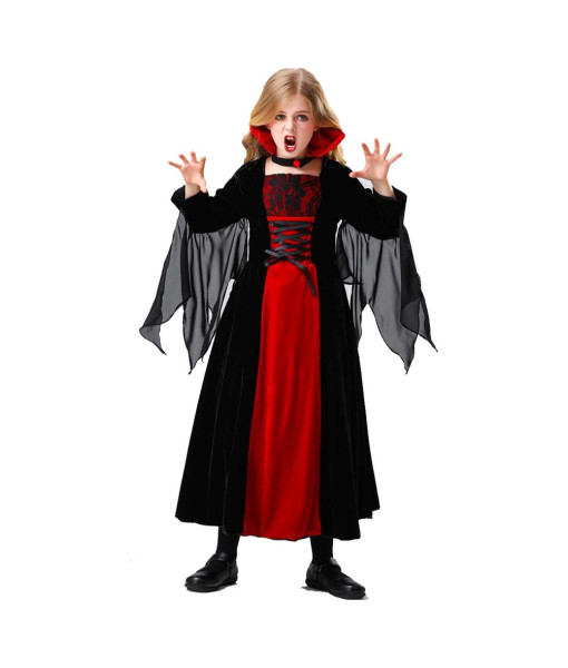 Vampire Lady Dark Red Dress Kids Halloween Costuem