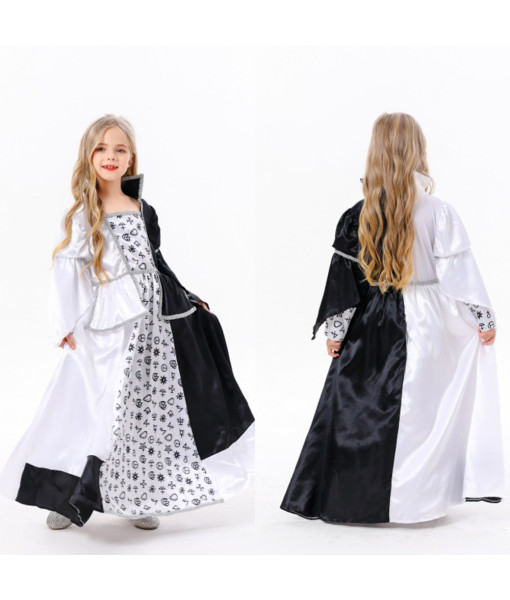 Kids Children Girl Black White Dress Palace Outfits Halloween Costume