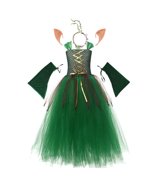 Kids Children Girl Dark Green Long Dress Tutu Skirt Forest Elf Fantasy Halloween Stage Costume