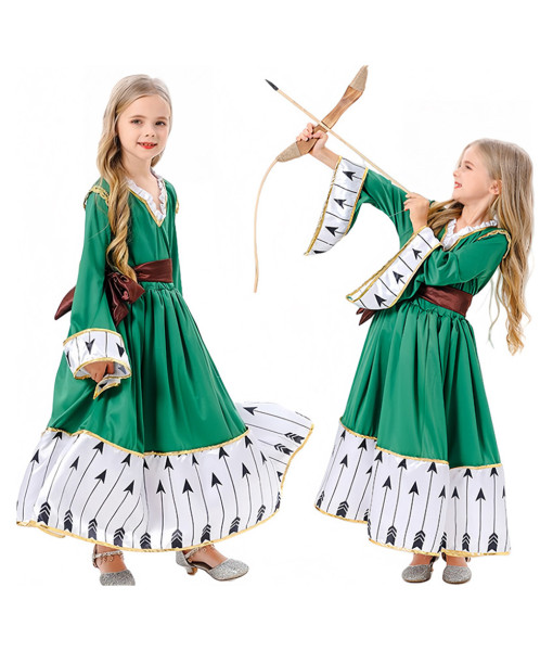 Kids Children Medieval Dress Arrow Pattern Green Outfit Halloween Costume