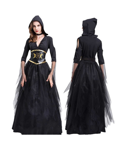 Women Black V-Neck Long Dress Vampire Witch Fantasy Halloween Costume