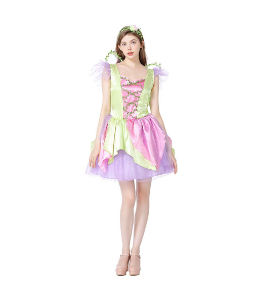 Women Green Dress Fairy Flower Fullset Halloween Stage Costume