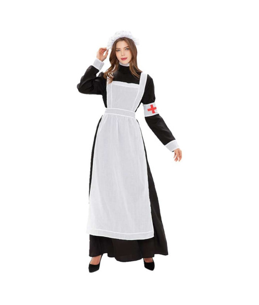 Women Victorian Black White Dress Nurse Outfit Fantasy Halloween Costume