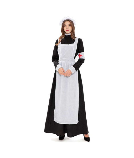 Women Victorian Black White Dress Nurse Outfit Fantasy Halloween Costume