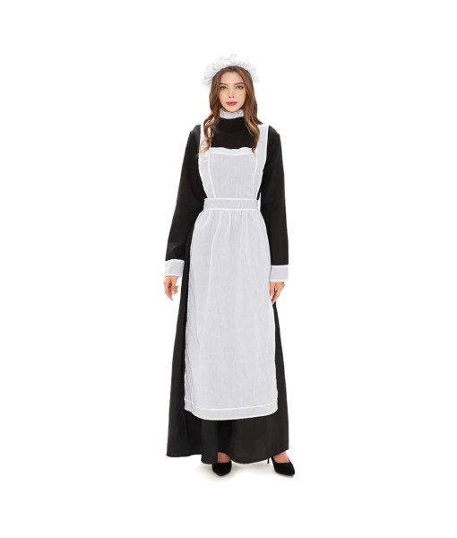 Women Victorian Black White Dress Nurse Outfit Fantasy Halloween Costume