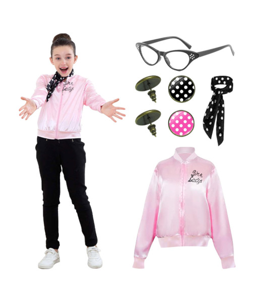Kids Children Girl 80s Retro Pink Satin Jacket Halloween Costume