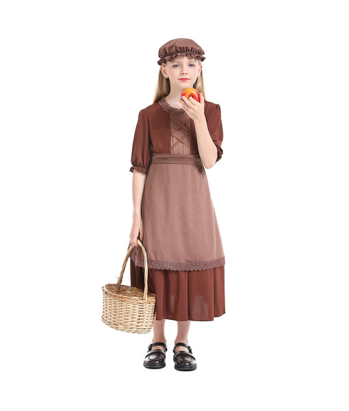 Kids Children Girl Colonial Maid Lace Trim Brown Dress Halloween Stage Costume