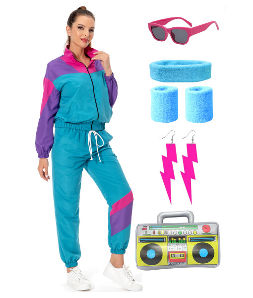 Adult 80s Retro Suit Hip-Hop 8Pcs Set Blue Purple Sportwear Halloween Costume