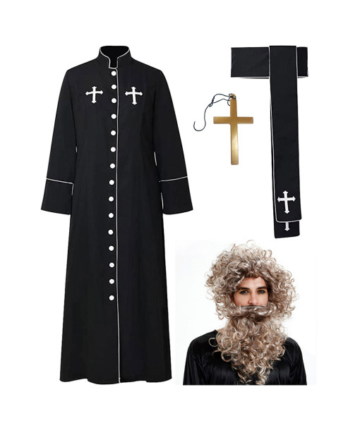 Adult Black Robe Priest Exorcist Outfit Set Halloween Costume