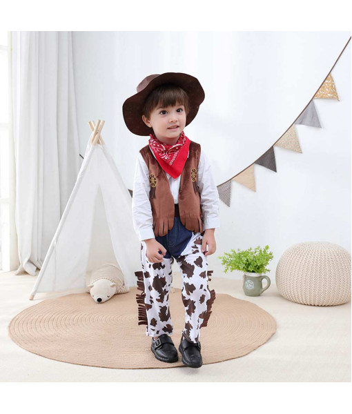 Kids Children Boy Western Cowboy Suit 4Pcs Outfit Halloween Costume 