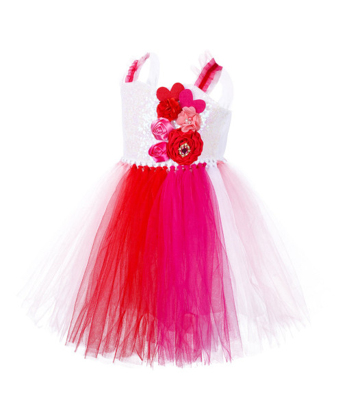 Fairy Red White Mesh Dress with Bunny Headband Flower Kids Halloween Costume