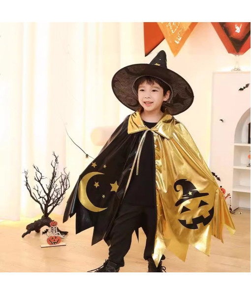 Kids Children Star Moon Golden Black Cloak Wizard Mage Cape Halloween Costume