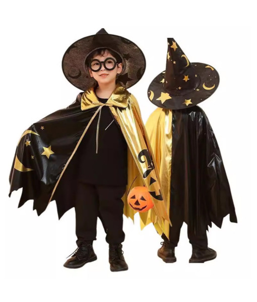 Kids Children Star Moon Golden Black Cloak Wizard Mage Cape Halloween Costume