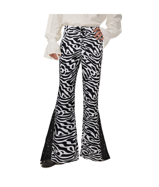 Men 70s Disco Retro Sequined Flared Pants Black and White Striped Print Halloween Costume