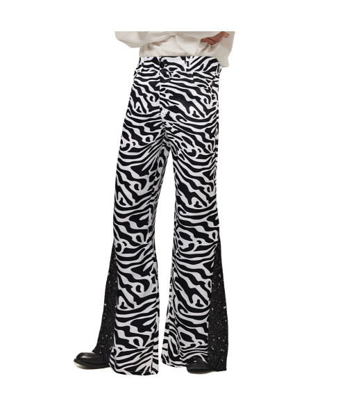 Men 70s Disco Retro Sequined Flared Pants Black and White Striped Print Halloween Costume