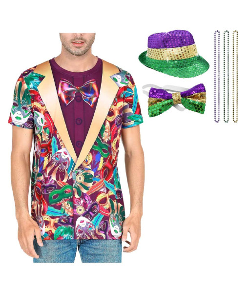 Men Multicolor Short Sleeve Sequined Hat Bead Necklace Set Suit Carnival Halloween Costume