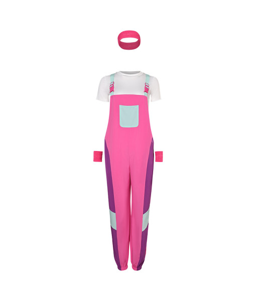 Women 80s Retro Rose Red Colorblock Bib Pants 3Pcs Outfit Halloween Costume