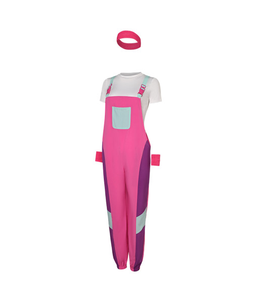 Women 80s Retro Rose Red Colorblock Bib Pants 3Pcs Outfit Halloween Costume