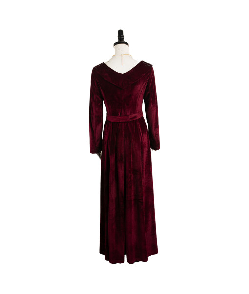 Women Medieval Fantasy Dark Red Silver Trim Velvet Long Dress Halloween Costume