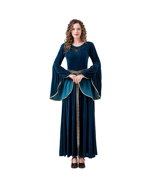 Women Medieval Renaissance Blue Bell Sleeve Palace Dress Maid Halloween Costume