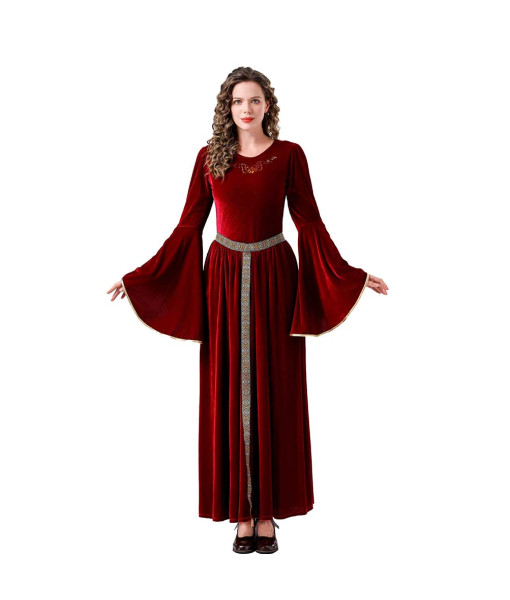 Women Medieval Renaissance Red Bell Sleeve Palace Dress Maid Halloween Costume