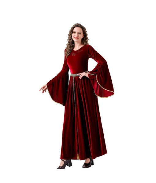 Women Medieval Renaissance Red Bell Sleeve Palace Dress Maid Halloween Costume